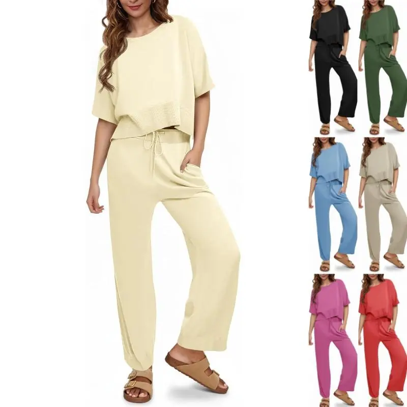 ARTFREE Womens 2 Piece Outfits Sweater Sets Knit Split Crop Tops High Waisted Pants Lounge Set