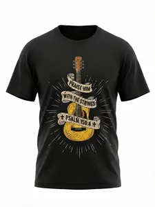 Praise Him With The Strings Jesus Acoustic Guitar Christian T-Shirt220g