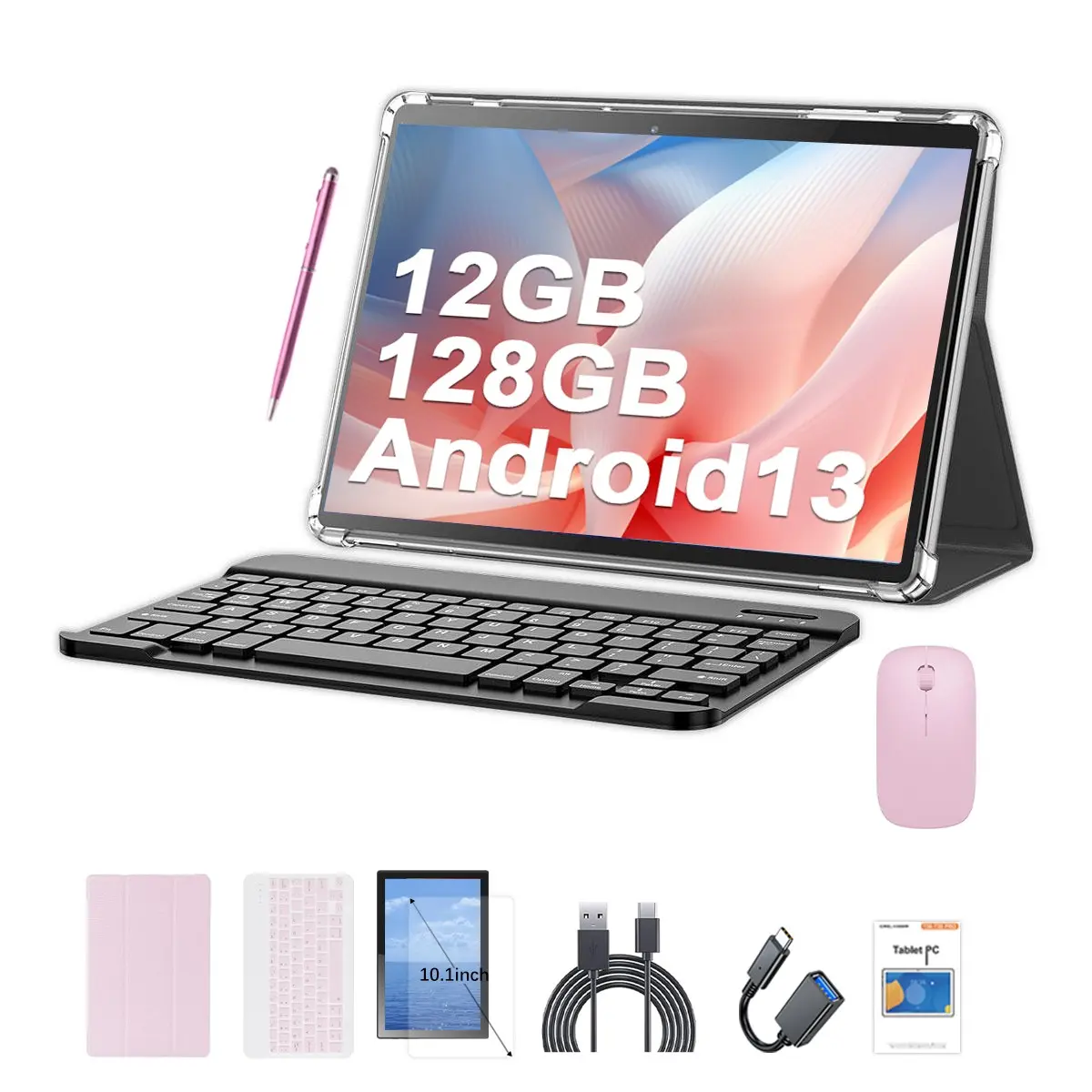 Android Tablet with 4g Sim Slot, 10.1-Inch Screen, Keyboard & Mouse Set, Deca-Core Processor, 12gb RAM, 128GB Storage, Type-C Cable Student Tablets Study or Work Tablet