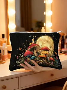 1pc, Soft Corduroy Toiletry Bag with Fox on Colorful Mushrooms Print, Cute Cosmetic Organizer, Cosmetic Pouch, Makeup Organizer for Women’s Essentials, Perfect for Travel or Desk Drawers