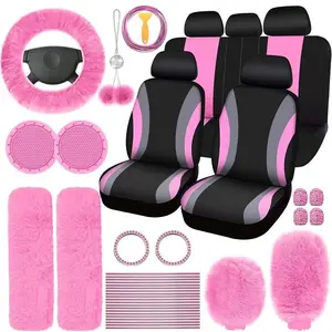 45pcs Car Seat Covers & Interior Accessories Set: Thin Polyester Five-Seat Car Seat Covers, Plush Steering Wheel Cover, Shoulder Pads, Gear Shift Knob Cover, Rearview Mirror Ornaments, Cup Pads, Tire Valve Caps, Stitching Trim Strips.
