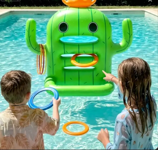 Inflatable Cactus Pool Toy (16.9 oz) - Double Play Design with 6 Rings, 6 Discs, Discs Target Challenge, Water-Filled Stable Base, Unisex Outdoor Backyard Floating Toy for 3+ Years Kids, Birthdays Holidays Gifts