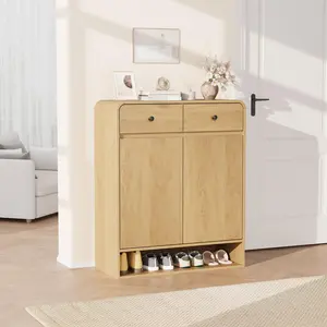 Slim Shoe Storage Cabinet 31.5 Inch with Adjustable Shelves and 2 Drawers, Freestanding Wooden Shoe Organizer with Bottom Shelf and Rounded Corners for Entryway Hallway Small Spaces, Large Capacity Shoe Cabinet