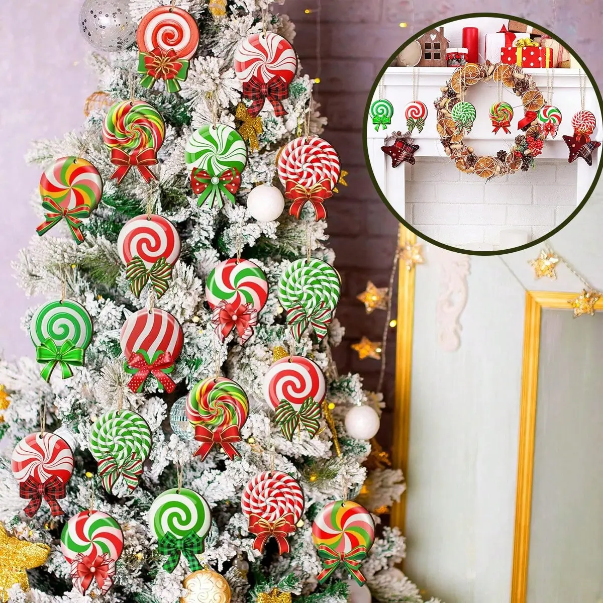 24 Pieces Peppermint Christmas Tree Ornaments Colorful Peppermint Wood Decorations Green Red Lollipop Shaped Christmas Hanging Ornaments For New Year  Xmas Theme Birthday Party Decor
