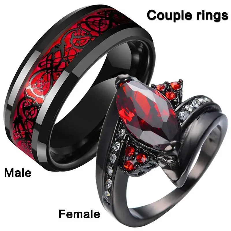 Fashion Trend Couple Ring with Ruby Women's Jewelry Stainless Steel Men's Holiday Gift Jewelry