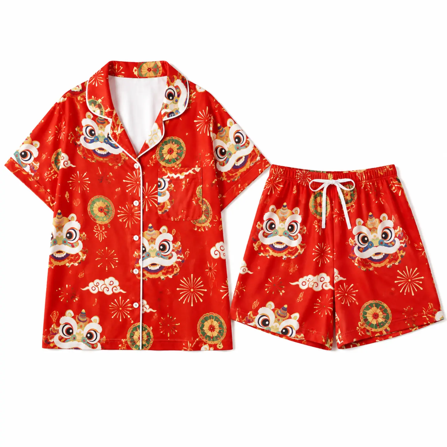 Red Lion Dance Print Short Sleeve Button-Up Pajama Set with Collared Top and Drawstring Shorts, Festive Sleepwear for Nighttime Lounging
