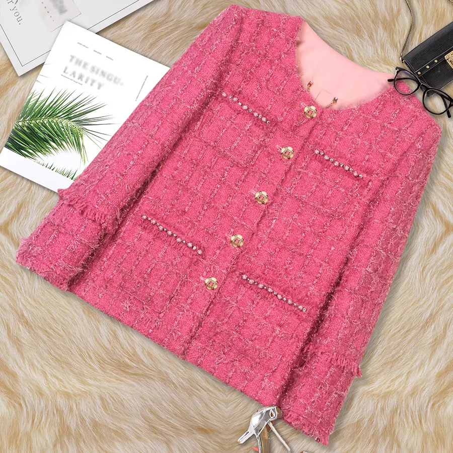 DUSHE Women's Fitted Chic Long-Sleeve Round Neck Rose Red Tweed Jacket - Plaid Button-Front Top with Diamond-Inlaid Crystal Ball Accents, Elegant High-End Casual Wear for Socialites