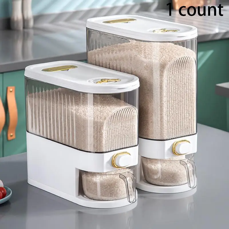 Kitchen Rice Dispenser, 1 Count Large Capacity Moisture-proof Grain Storage Bucket With Measuring Cup & Lid, Kitchen Supplies, Kitchen Accessories