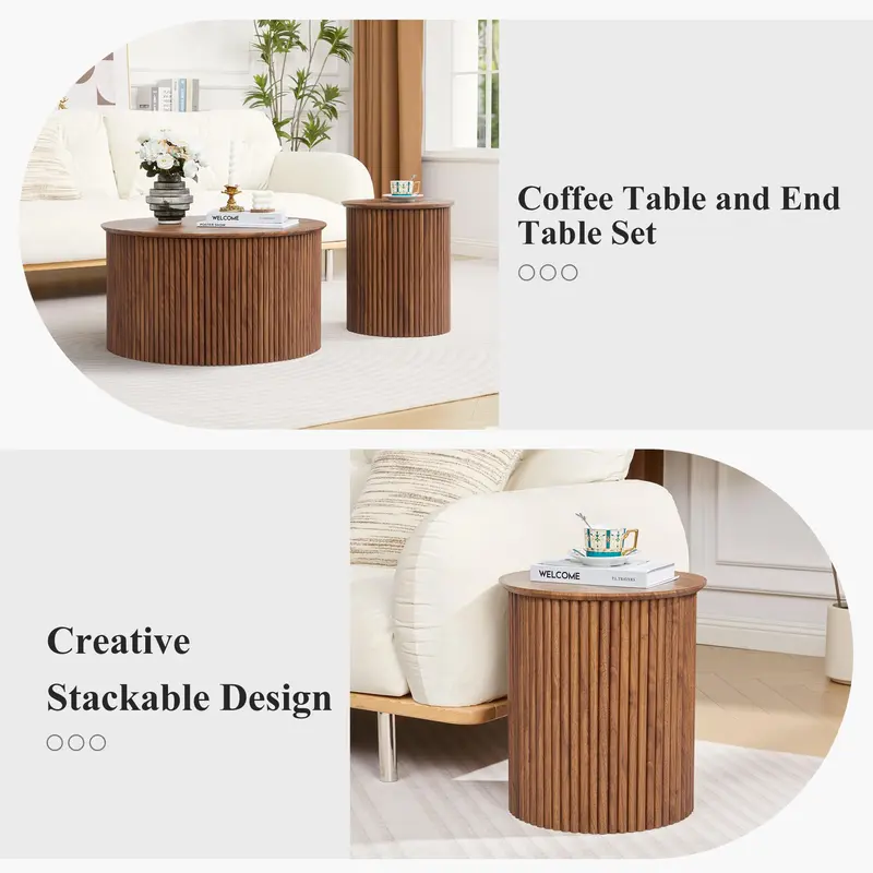 Giratree Fluted Round Nesting Coffee Table Set of 2, Mid Century Modern Wood Coffee Tables and End Table Set, Circle Side Table Minimalist Center Tables for Living Room, Office