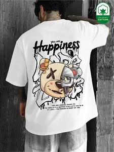 Men's 100% Organic Cotton Cyberpunk Mechanical Bear Print T-Shirt, Loose Streetwear Casual Top