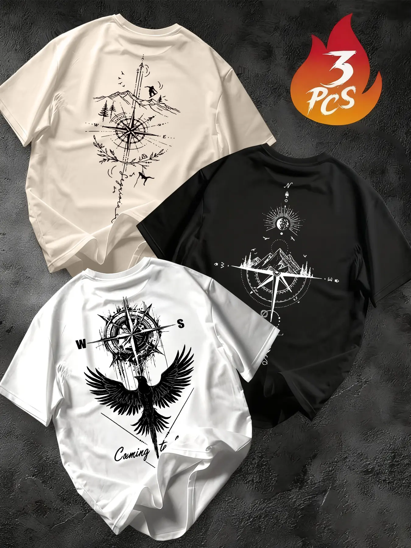 Men's Summer Streetwear Menswear Compass Print Short Sleeve Round Neck T-Shirt (3 Pack) Set, Breathable Fabric, Loose Fit, Casual Outdoor & Daily Wear, Clothes