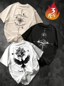 Men's Summer Streetwear Menswear Compass Print Short Sleeve T-Shirt (3 Pack), Breathable Fabric, Loose Fit, Casual Outdoor & Daily Wear