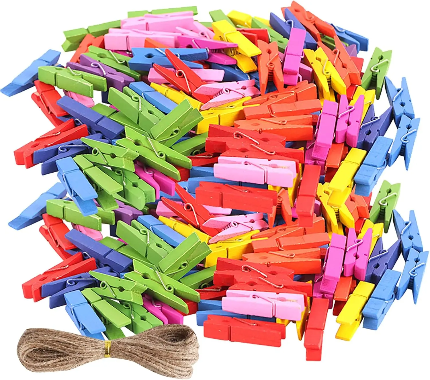 100 count 1.3inch Wooden Mini Clothespins Chip Clips Small Clothes Pins with 33  Jute Twine for Photos, Bag Clips, Crafts School, Arts Crafts Deco (Mixed)