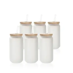18 OZ Sublimation Blanks Glass Cans Tumblers Frosted Bulk with Bamboo Lid and Glass Straw