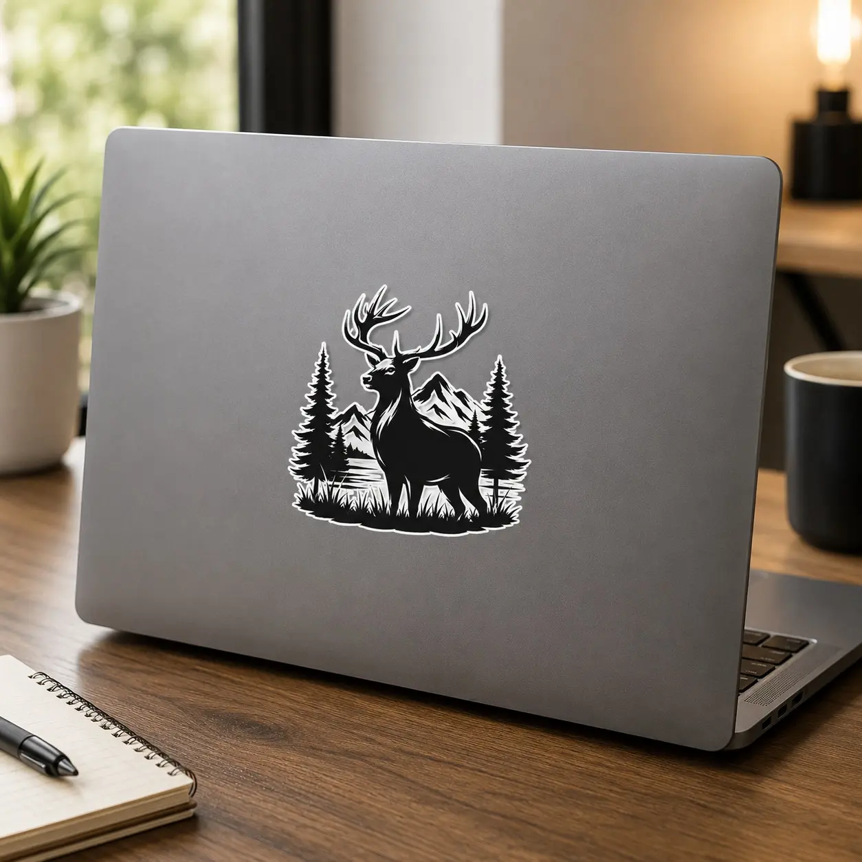 Majestic Deer Mountain Forest Vinyl Sticker, Waterproof Wildlife Hunting Decal for Laptop, Tumbler, Car, Window & Outdoor Gear