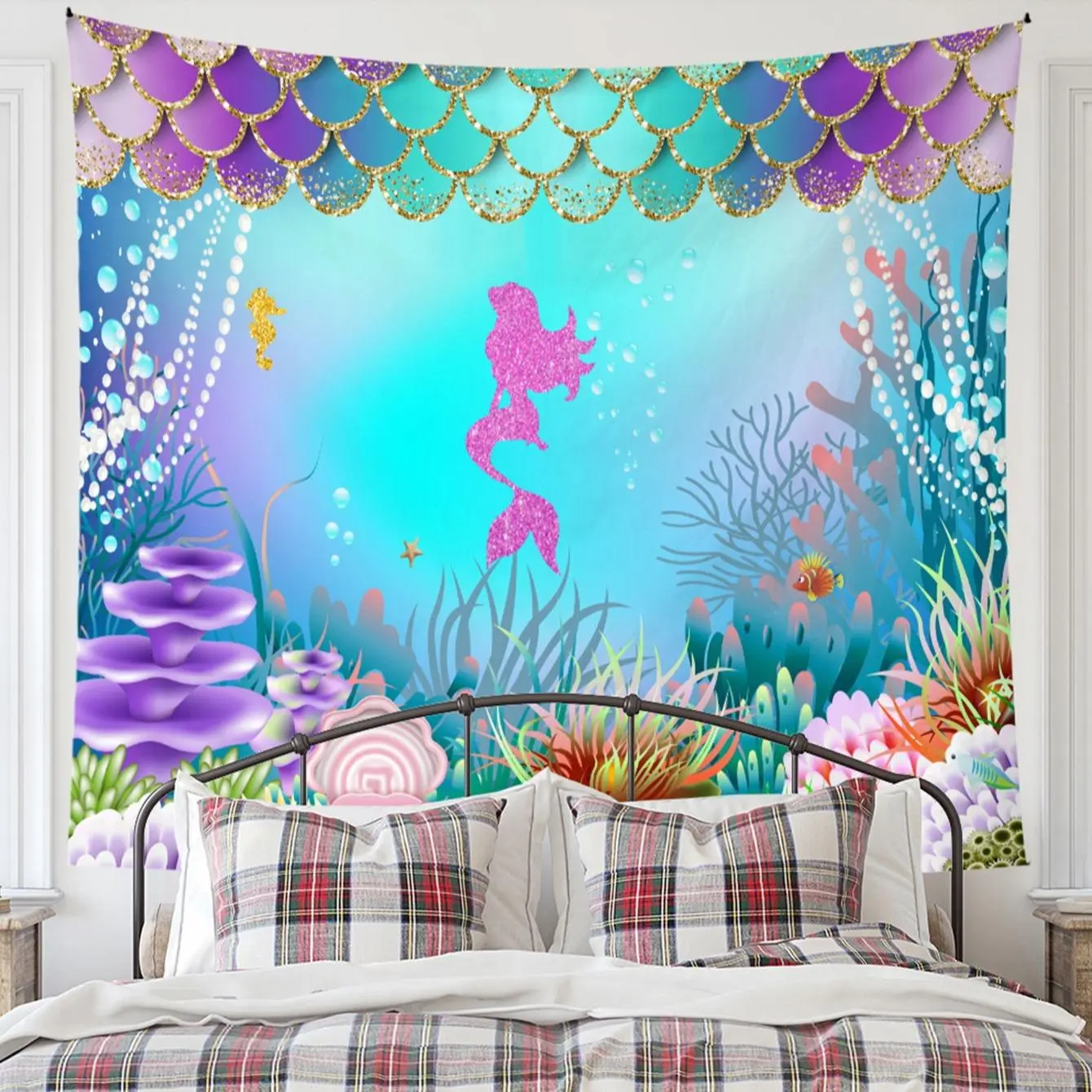 Mermaid & Sea Creatures Underwater Theme Decorative Tapestry - Home Supplies Wall Decor, Hangable Rectangular Cut Vanity Decor Accessories for Living Room Bedroom Photo Background