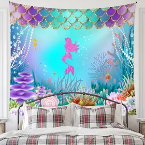 Mermaid & Undersea World Pattern Tapestry, Wall Hanging Decor for Home Living Room Bedroom, Vanity Decor Accessories, Photo Background Cloth