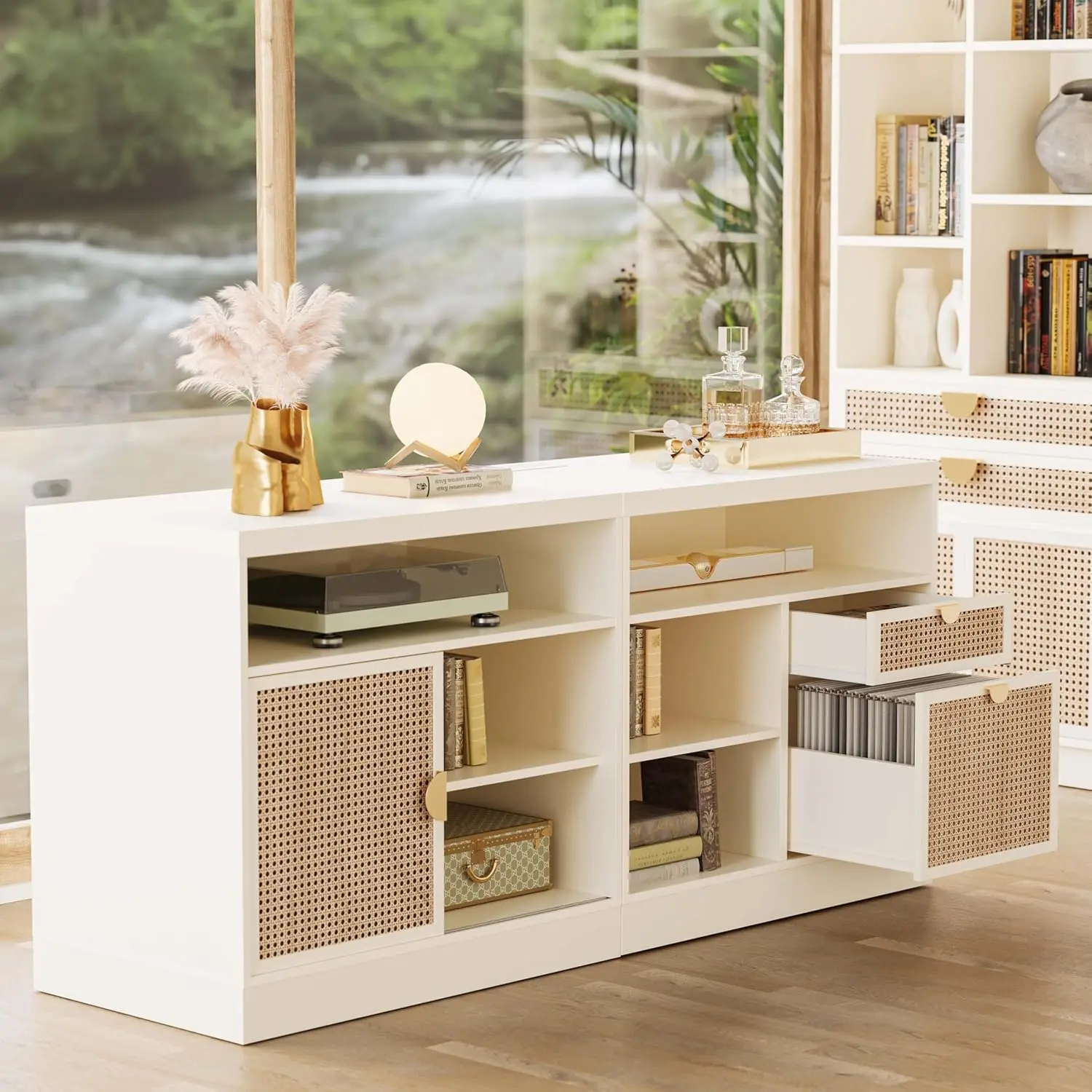 ModernMate 63-in Lockable Alloy Steel Lateral Filing Cabinet with Rattan Weave, Sliding Door, Adjustable Shelves, AC/USB Ports, Wide Office Credenza, Pre-Assembled Industrial Look, Letter/A4 Fit, White Wood Home Office Furniture, Lockable Drawers, Smooth,