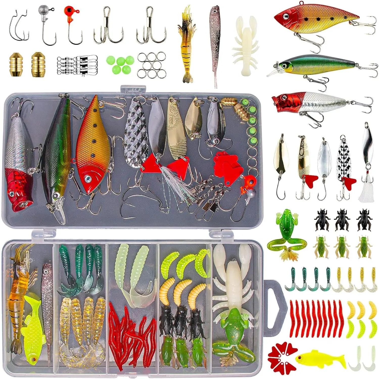 Kit for Freshwater Bait Tackle Kit for Bass Trout Salmon Fishing  Tackle Box Including Spoon Lures Soft Plastic Worms