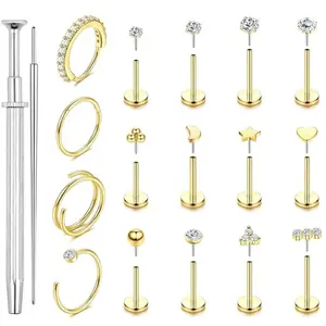 14K Gold Filled Nose Rings Studs Hoops for Women Men 20G Hypoallergenic Surgical Steel Push in Threadless Flat Back Earrings CZ Helix Tragus Lip Cartilage Medusa Nostril Piercing Jewelry