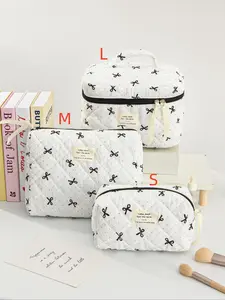 Polka Dot & Bow Knot Pattern Makeup Bag, Large Capacity Cosmetic Storage Bag with Handle, Cute Bow Knot Design Handheld Cosmetic Pouch, Skincare Bag for Woman