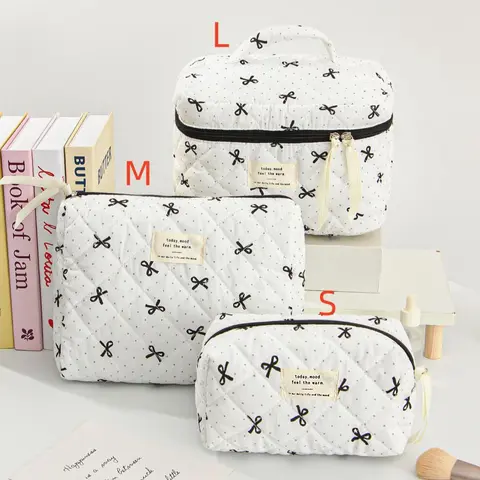 Polka Dot & Bow Knot Pattern Makeup Bag, Cosmetics bag, Large Capacity Cosmetic Storage Bag with Handle, Portable Cosmetic Bag, Bow Knot Design Handheld Cosmetic Pouch, Travel Makeup Pouch, Beauty Storage Pouch