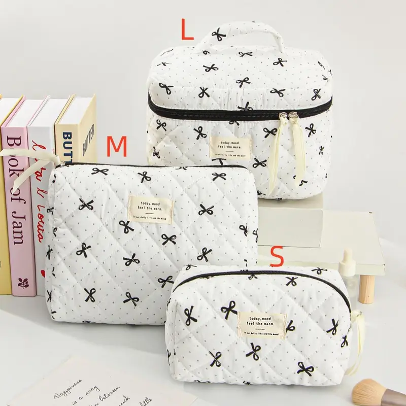 Polka Dot & Bow Knot Pattern Makeup Bag, Cosmetics bag, Large Capacity Cosmetic Storage Bag with Handle, Portable Cosmetic Bag, Bow Knot Design Handheld Cosmetic Pouch, Travel Makeup Pouch, Beauty Storage Pouch