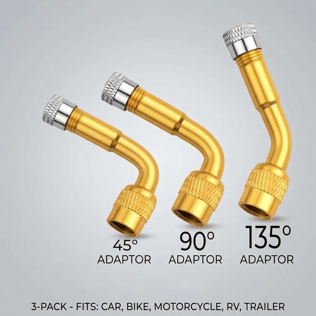 3-Pack Brass Valve Stem Extenders (45°, 90°, 135°), Heavy Duty Metal Tire Valve Extension Adapters for RV, Trailer, Car, Motorcycle, Bicycle