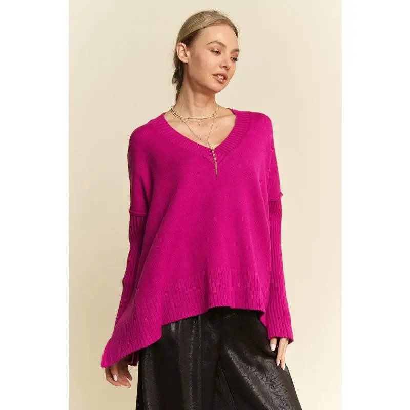 Davi & Dani Ribbed Side Slit V-Neck Sweater