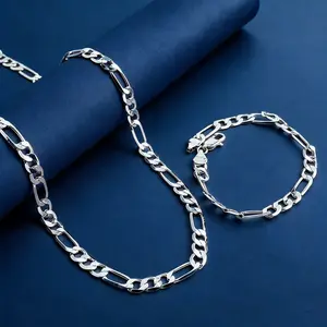 My Daily Styles Sterling Silver plated Figaro Link Chain -  Men's 925 Necklace & Bracelet Set  Silver Chain Set For Men - 6MM Valentine‘s gift