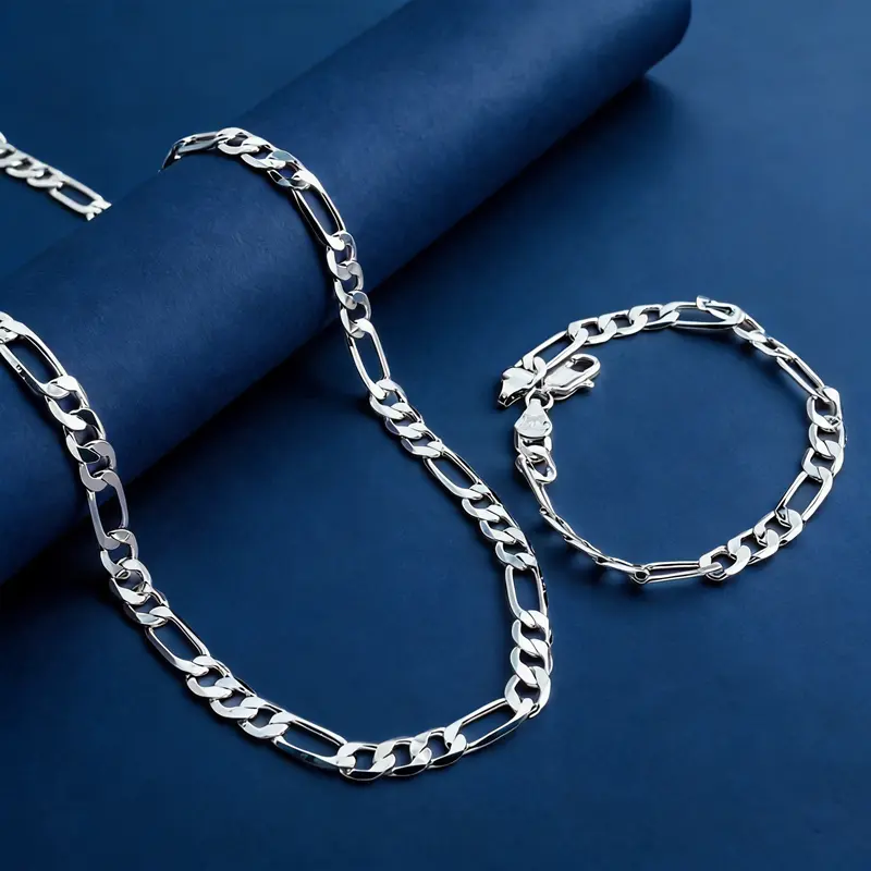 My Daily Styles Sterling Silver plated Figaro Link Chain -  Men's 925 Necklace & Bracelet Set  Silver Chain Set For Men - 6MM Valentine‘s gift