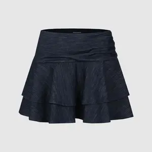 URBAN REVIVO 2026 Summer Women's High-Waist Chic Basic Denim Pantskirt - 84% Cotton 14% Polyester Plain Fabric, Hip-Fitting Ruched Layering Style, 1-Piece Womenswear Bottoms (UWG860065)