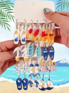 Lucky Shell Starfish Sailboat Earrings, 6pcs-24pcs, Trendy Ocean Style for Summer Beach, Perfect for Daily Wear, Trendy Fashionable Accessories
