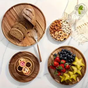 The 4PCS round Acacia wood dessert plate is safe to handle food and comes in 4 sizes. It is a multifunctional plate - suitable for holding pizza, steak, cake, bread, fruits, snacks, and can also be used as a breakfast plate. It is perfect for family gathe