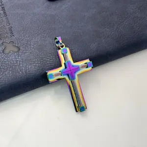 GAB Large Colorful Cross Pendant,Jesus Christ  Necklace Religious Jewelry,5MM Imperial Cuban Link For Men,316L Stainless Steel,Father,BF Gift