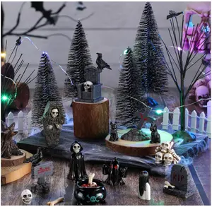 32 Pcs Halloween Village Accessories Set Miniature Halloween Figurines Spooky Bare Branches Tombstones Skeleton Skulls Resin Halloween Horror Village Collections for Party Town Decorations Door Pack