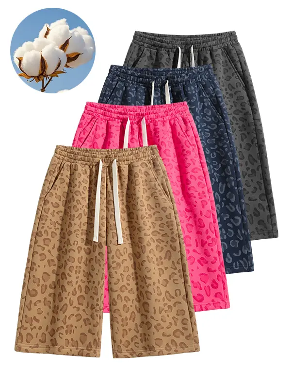 Men's Leopard Print 7-in Cotton Blend Loose-Fit Athletic Shorts - Male Clothing, Graphic Clothing, Mid-Waist, Animal Print Men's Shorts, Skin-Friendly, Comfortable, Versatile for Daily Commuting, Outdoor Activities; Women's Available