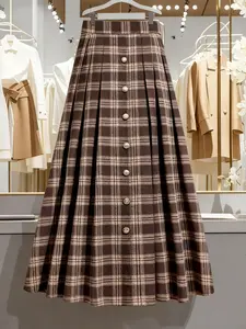 Plus Size High Waist Plaid Pleated A-Line Long Dress, Single Button Front, Fall & Winter Commuter Casual Vintage Style, Skirt