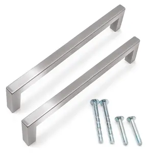 Modern Square 9 Inch Cabinet Pulls Set for Kitchen, Door, Wardrobe, Satin Nickel Solid Stainless Steel, Pack of 4