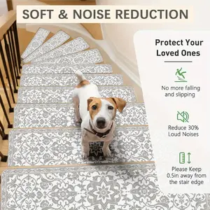 15pcs Exquisite Bohemian Pattern Decorative Print Stair Treads, Anti-Slip Stair Mats, Carpet Stair Treads, Soft Durable Noise Reduction, Ideal for Wooden Steps, Indoor Stairs, Hallways, Home Deco Staircase Step Treads