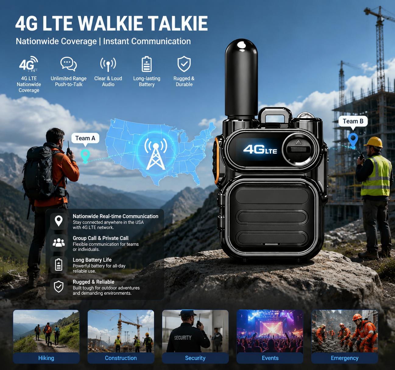 4G LTE Walkie Talkie for Clear Everyday Communication, Auto-Switching Signal, Easy Contact for Family, Travel & Work digital radio usb-c programming outdoor long antenna