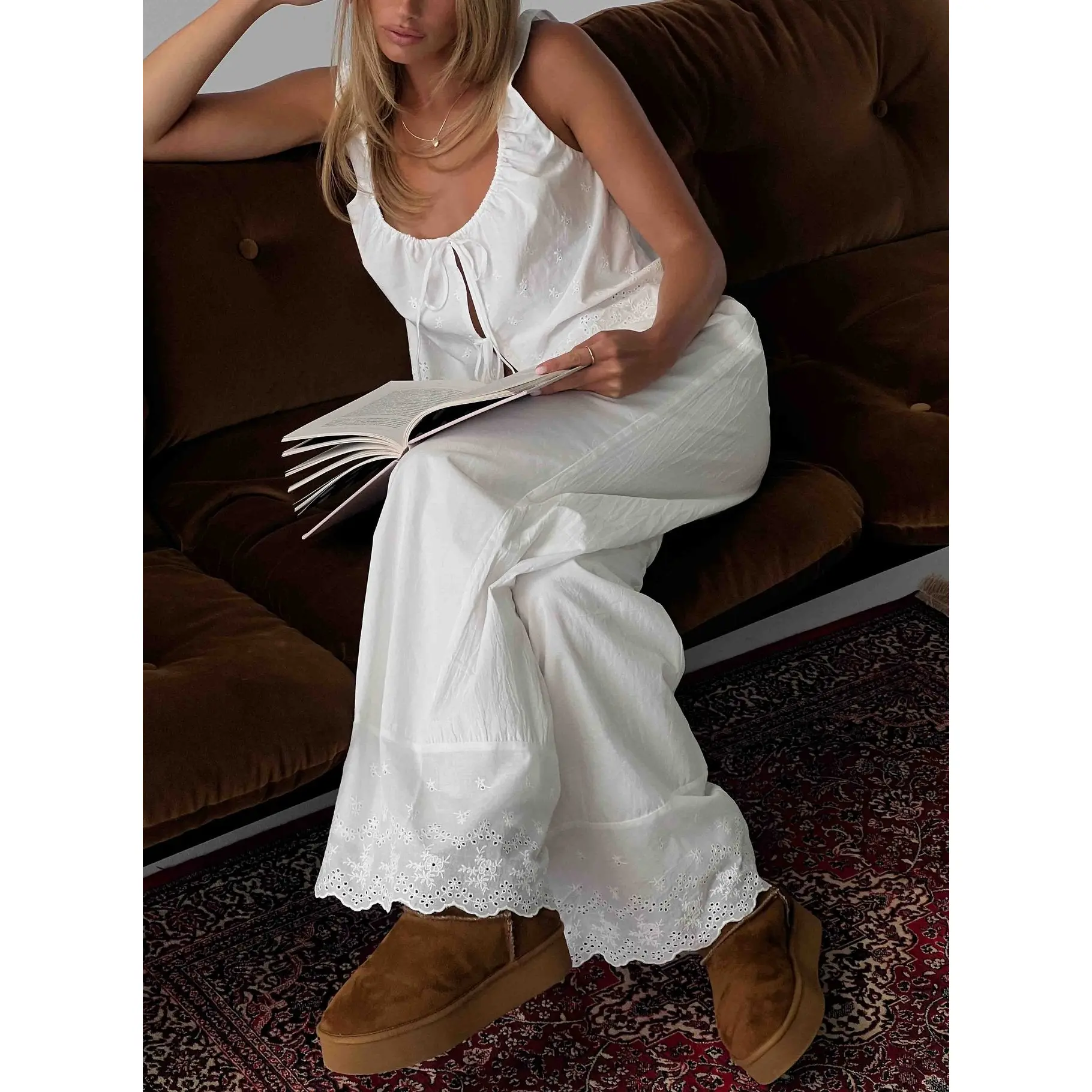 Kissed Chaos Broderie Anglais Tie Waist Pants White