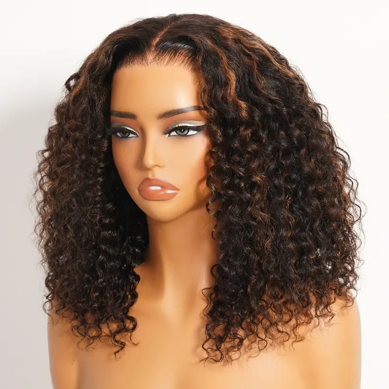 [Live]Megalook 5x6 Curly Lace Closure Wig 1BP30 Pre Cut Short Bob Human Hair Wig Highlight Brown 100% Human Hair Wig