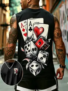 Men's American Street Style Poker Dice Print Sleeveless T-Shirt, Loose Fit, Trendy Summer Sport Casual Tank Top