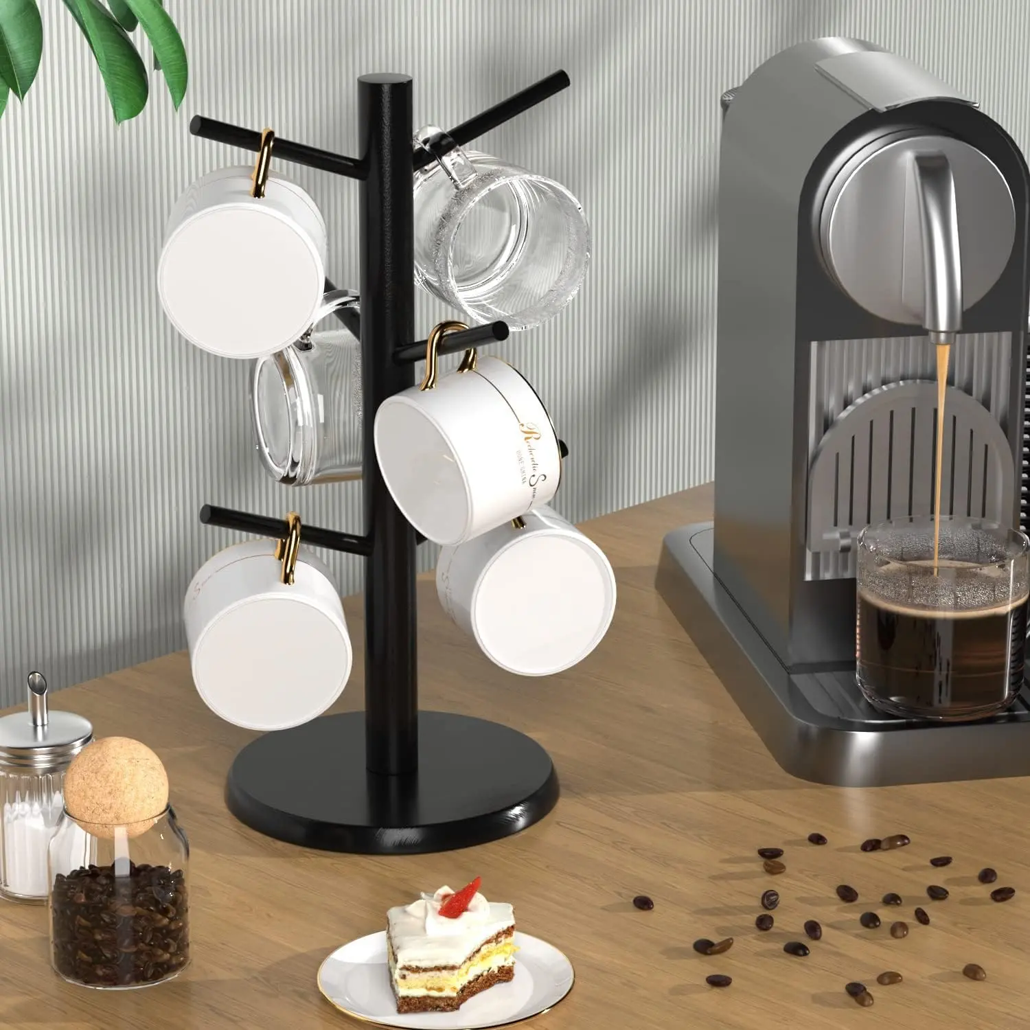 Black Coffee Mug Tree, Updated Thick Bamboo Mug Holder Base,Coffee Cup Stand Mug Holders with 6 Hooks for Countertop Cup Rack Organizer Stand (Black)