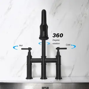 Pull Down Double Handle Kitchen Faucet Matte Black 360° Swivel Sprayer Solid Brass Construction Lead-Free Multifunctional Sink Faucet