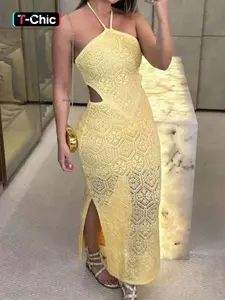 Women's Knitted Halter Neck Sleeveless Dress, Side Slit Hollow Out Design, Casual Fashion Spring Summer Wear, Stylish and Comfortable