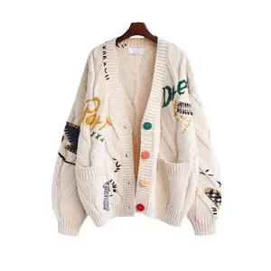 Women's Cable Knit Long Sleeve Open Front Cardigan Sheep V-Neck Button Down Embroidery Wool Blend Sweater Coat Outwear