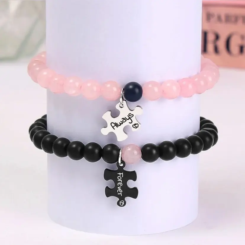 Fashionable Stainless Steel Puzzle Piece & Stone Beaded Couple Bracelet Engraved With Words Forever Always Puzzle Black and Pink Crystal Bracelet accessories heart magnetic locked  bracelet