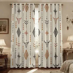 2 panels Aztec Bull Skull Curtains, Traditional Style, Denim Boho Design, Durable Polyester Fabric, Home Decor for Bedroom & Living Room, Home Decoration Curtain